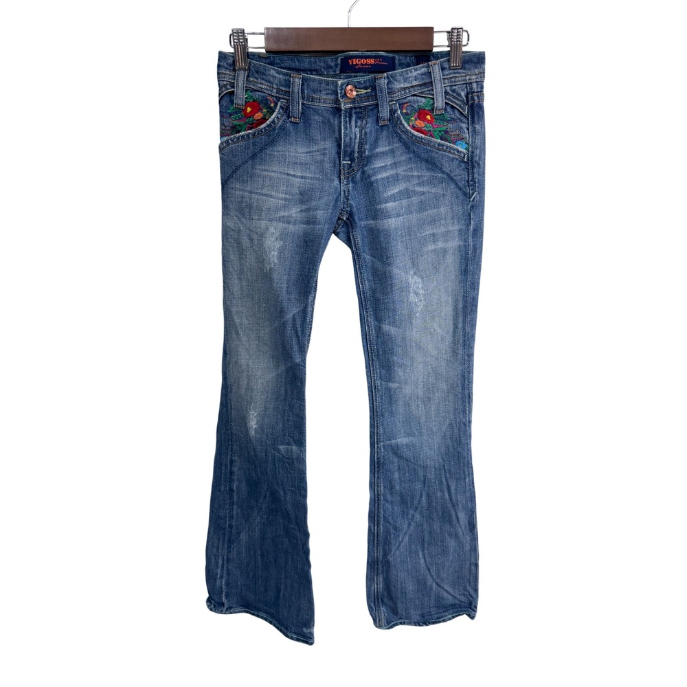 Vintage Vigoss Women's Juniors 3/4‎ Blue Jeans Embroidered Low Rise Bootcut Y2K